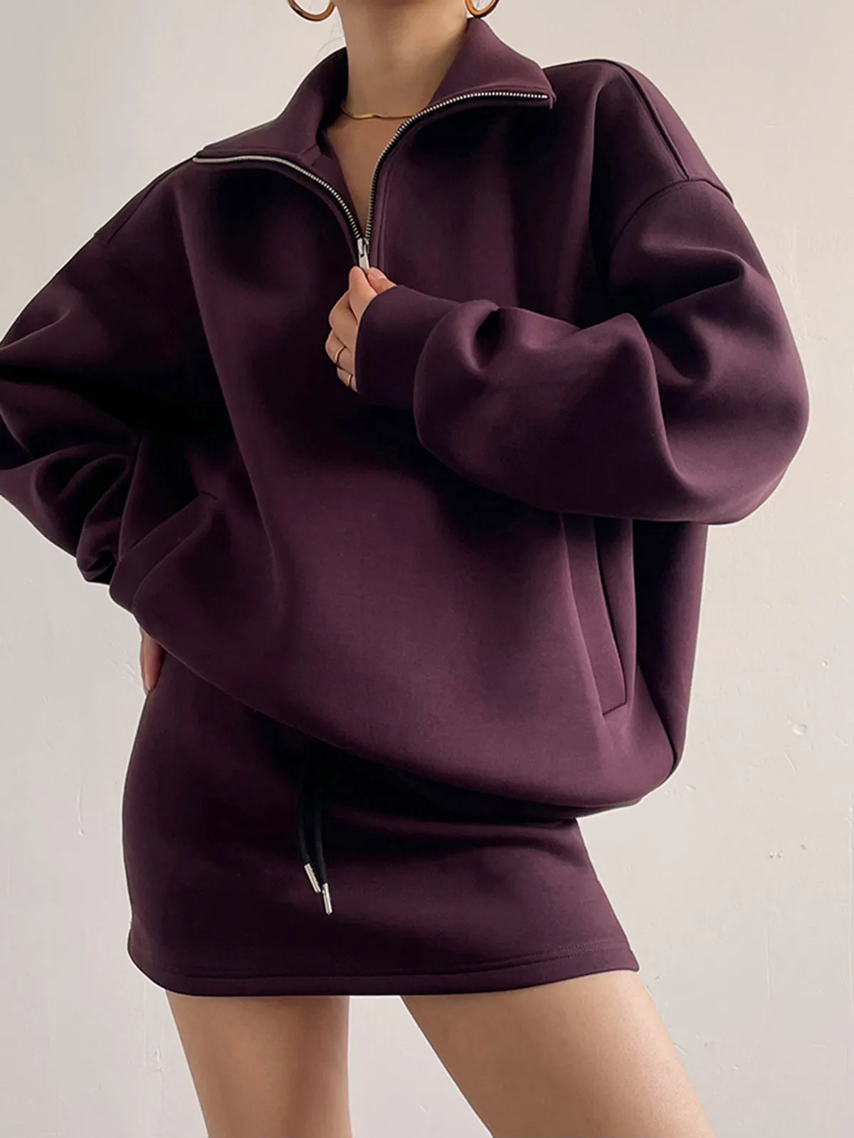 Drawstring Zipper Lapel Skirt Set sold by COMMENSE