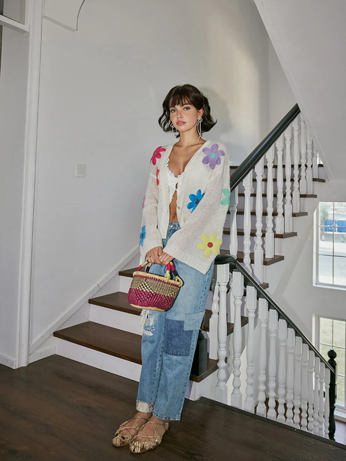 Wool-Blend Colorful Flower Cardigan sold by COMMENSE product image thumbnail 5