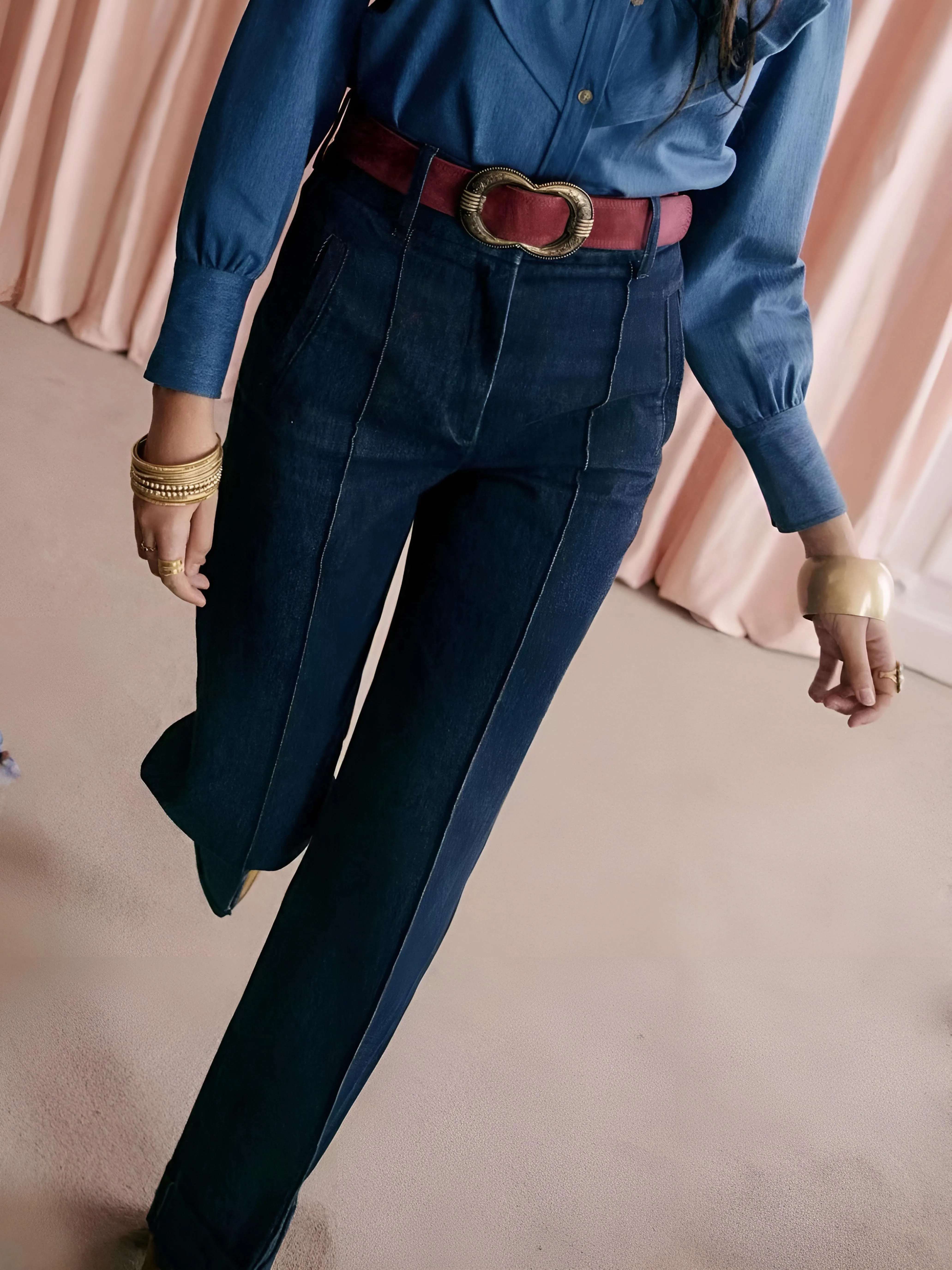 Piping Belted Decor Straight Jeans sold by COMMENSE