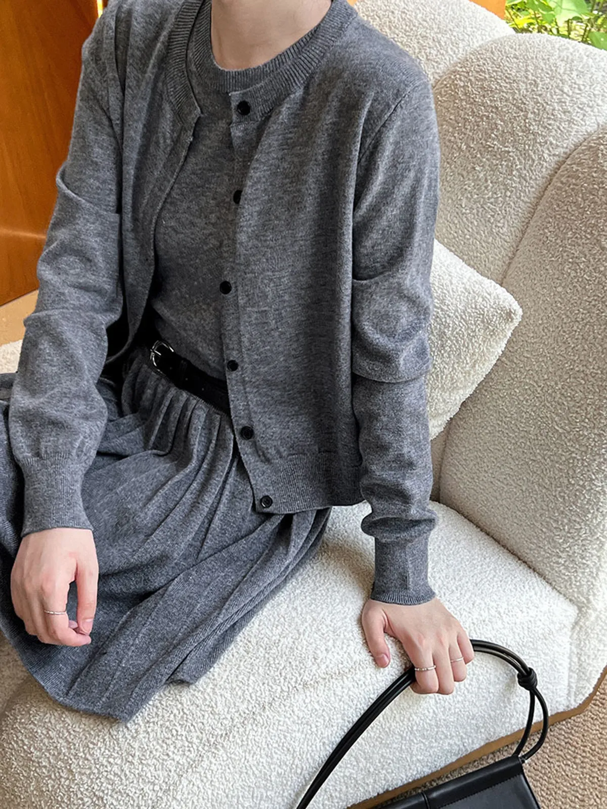 Crew Neck Pleated Belted Skirt Set sold by COMMENSE product image thumbnail 4