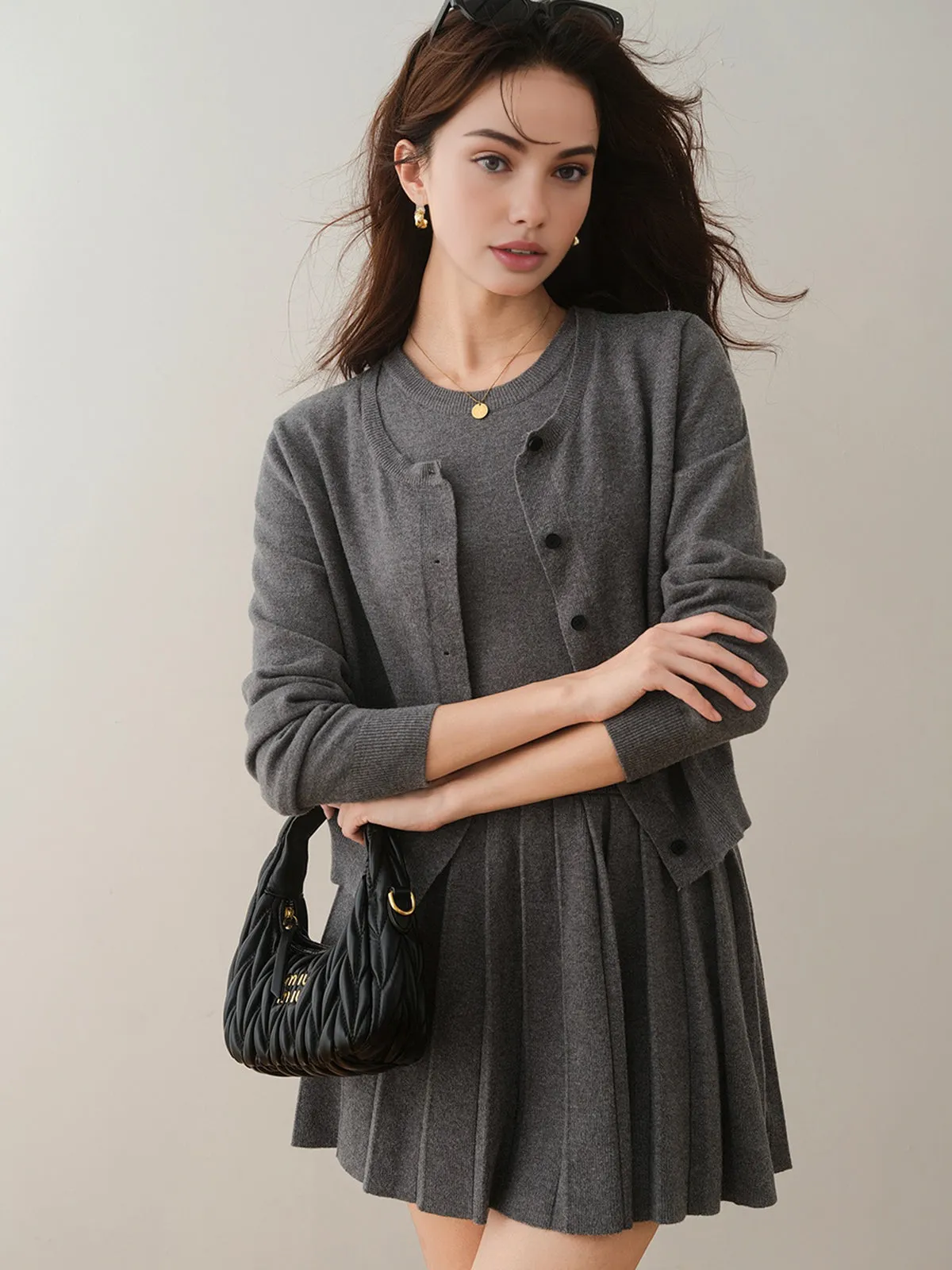 Crew Neck Pleated Belted Skirt Set sold by COMMENSE