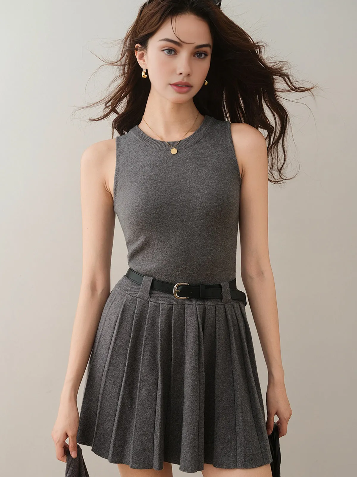 Crew Neck Pleated Belted Skirt Set sold by COMMENSE product image thumbnail 2