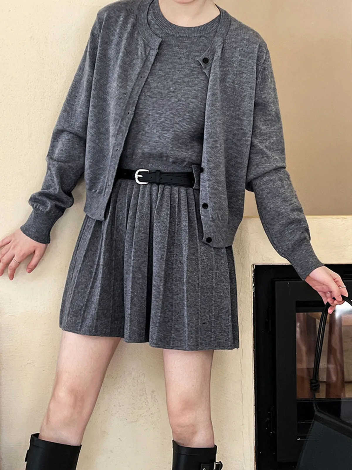 Crew Neck Pleated Belted Skirt Set sold by COMMENSE product image thumbnail 3