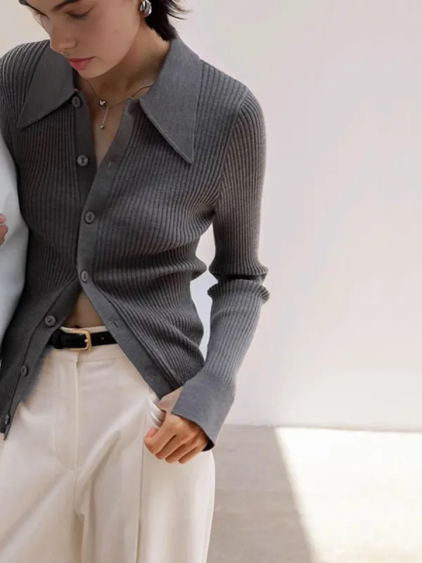 Ribbed Lapel Slim Cardigan sold by COMMENSE