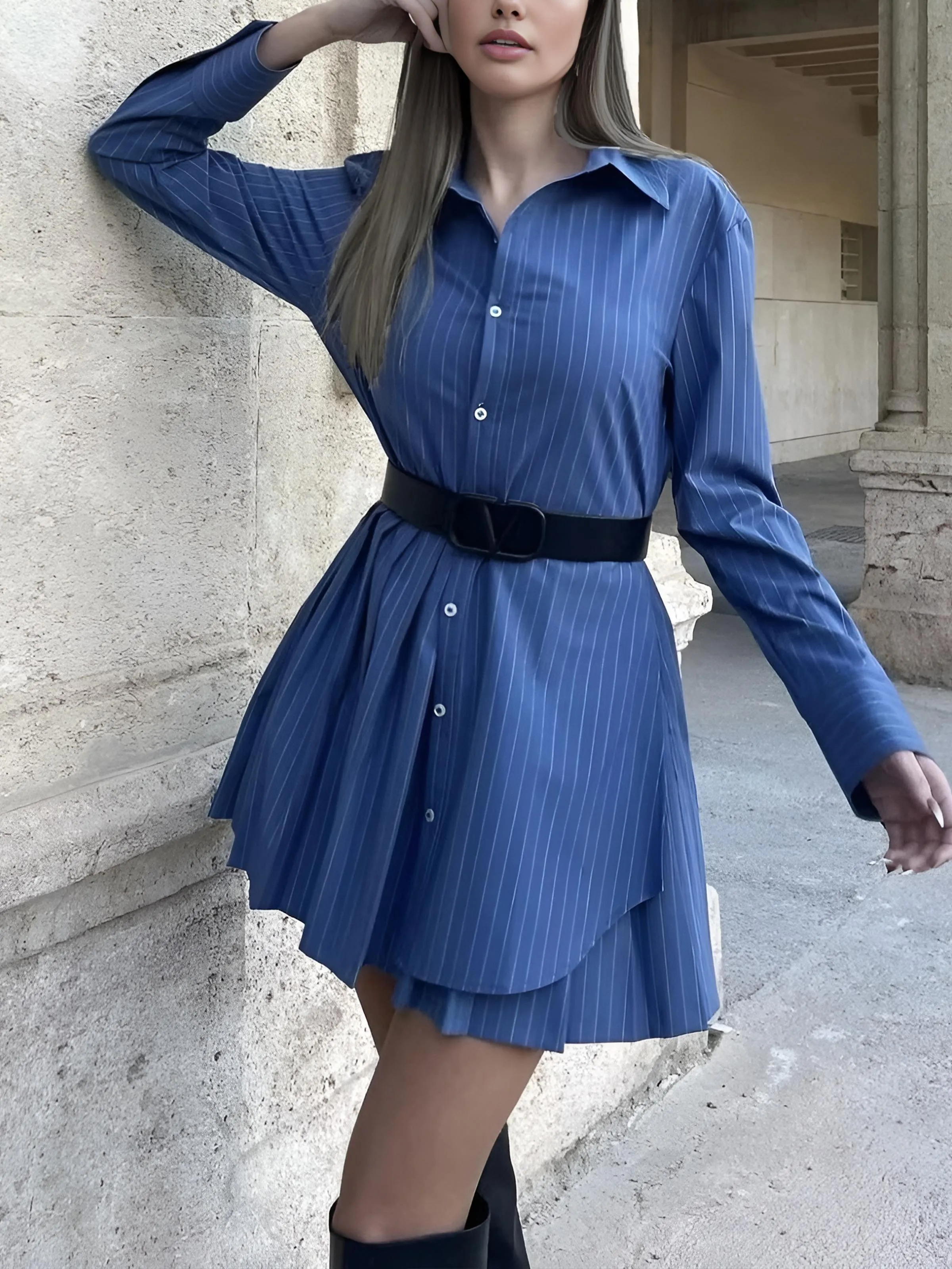 Asymmetrical Pinstripe Pleated Lapel Dress sold by COMMENSE product image thumbnail 3