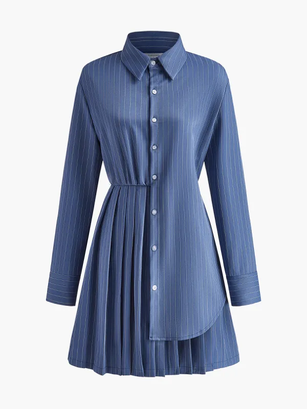 Asymmetrical Pinstripe Pleated Lapel Dress sold by COMMENSE