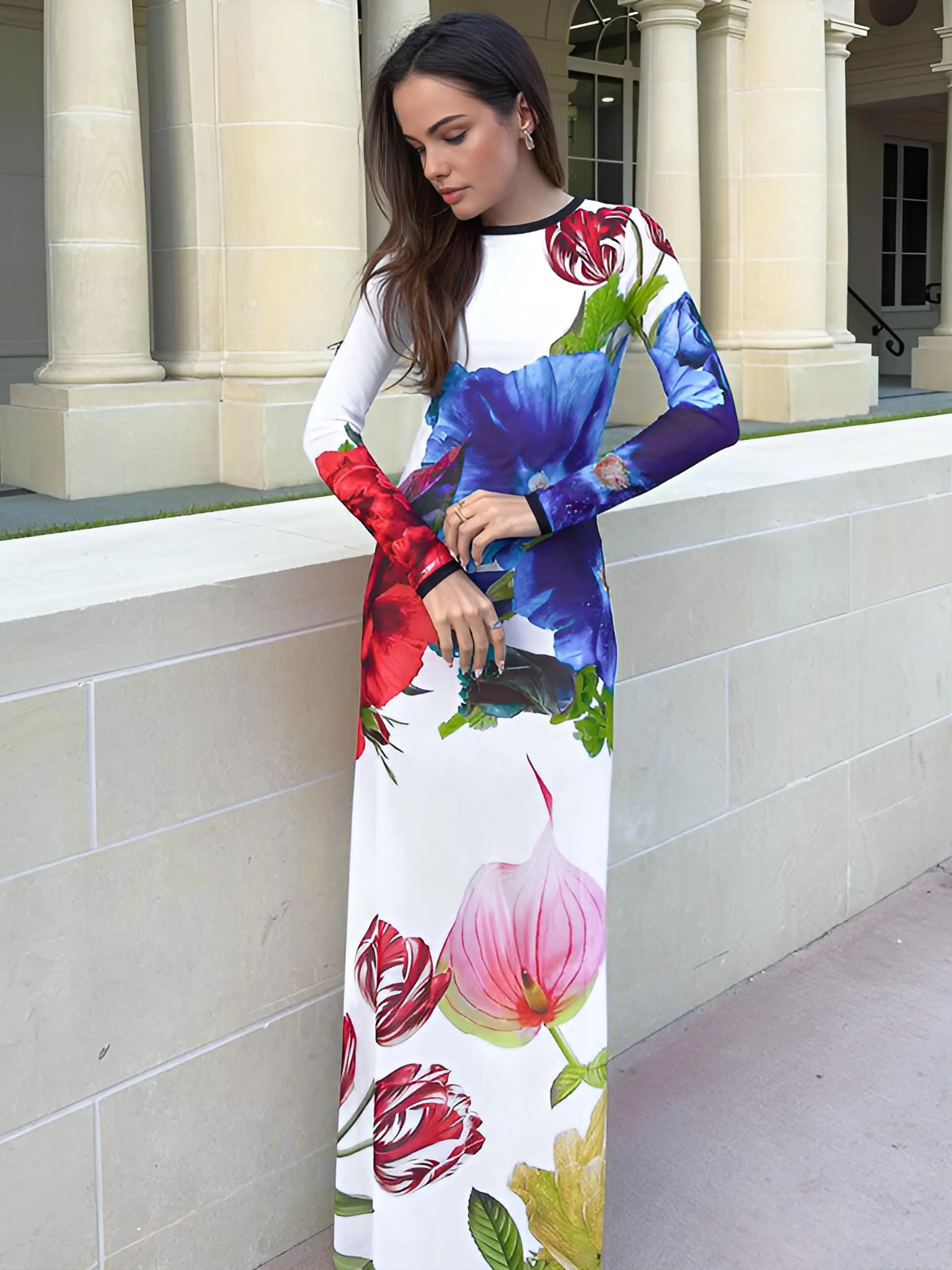 Round Neck Floral Printed Jersey Dress sold by COMMENSE product image thumbnail 2