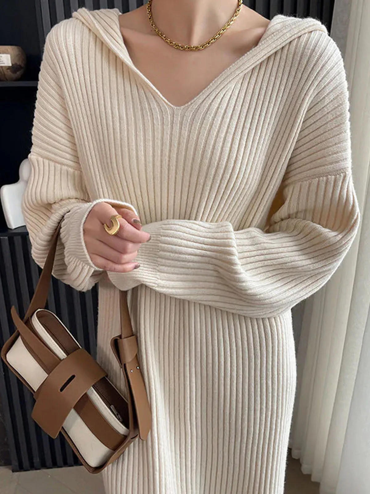 Ribbed Loose Hooded Sweater Dress sold by COMMENSE product image thumbnail 4