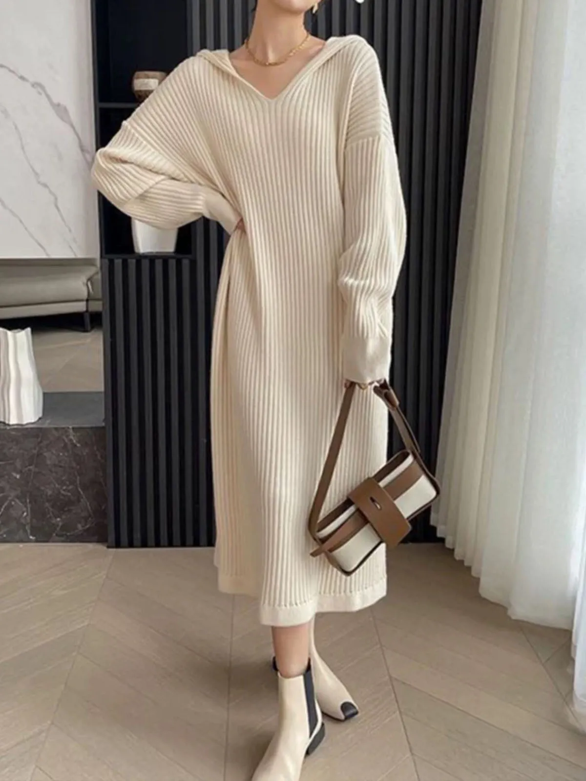 Ribbed Loose Hooded Sweater Dress sold by COMMENSE product image thumbnail 2