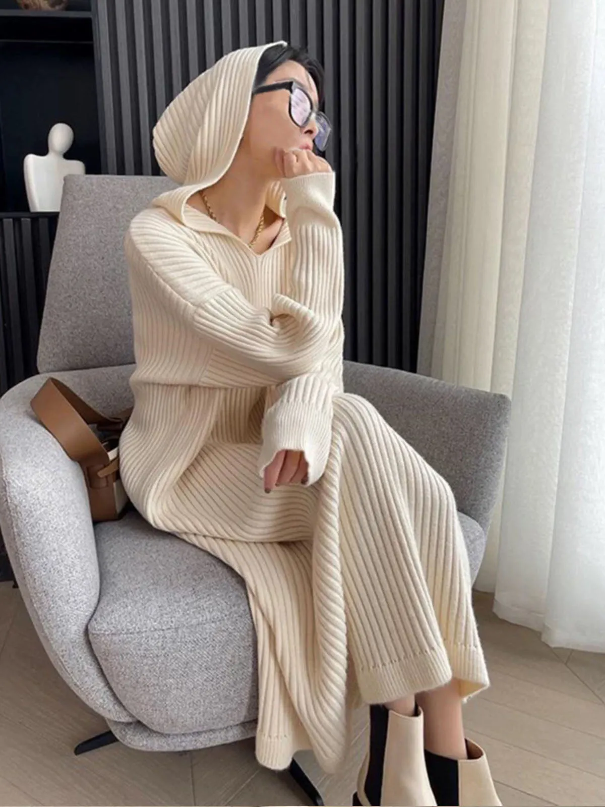 Ribbed Loose Hooded Sweater Dress sold by COMMENSE product image thumbnail 3