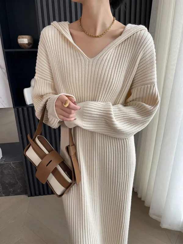 Ribbed Loose Hooded Sweater Dress sold by COMMENSE