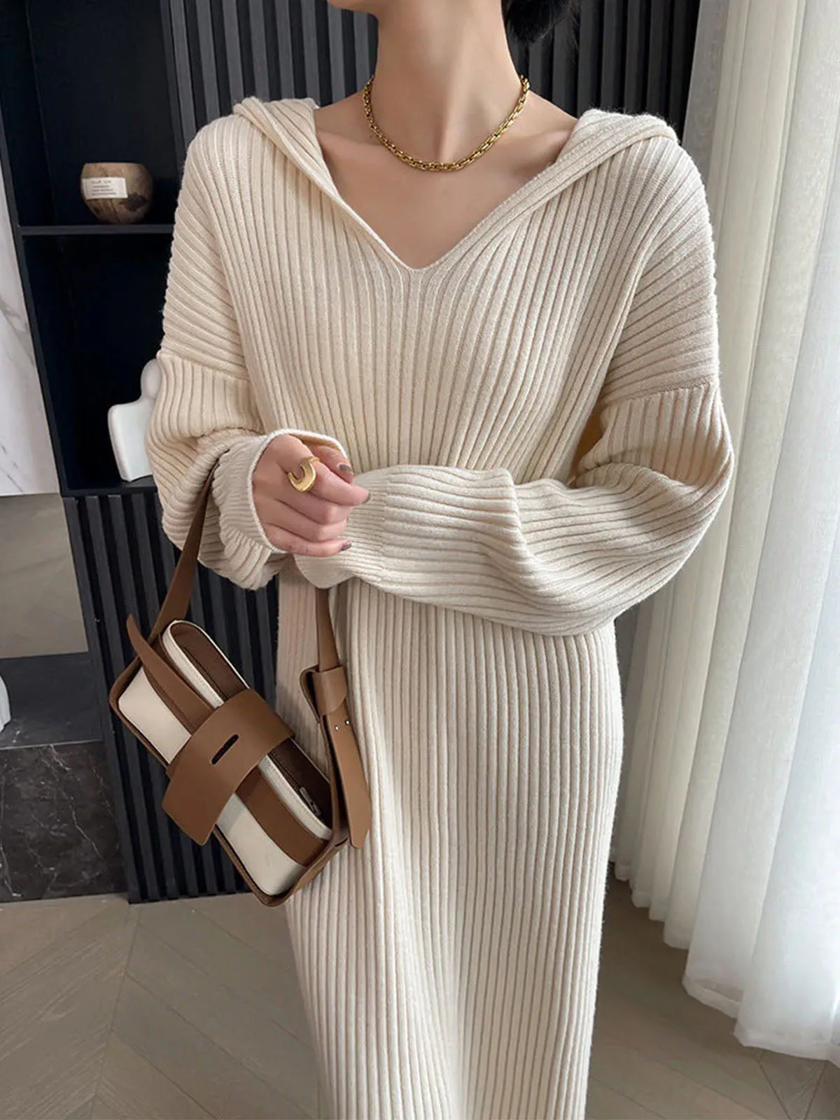 Ribbed Loose Hooded Sweater Dress sold by COMMENSE