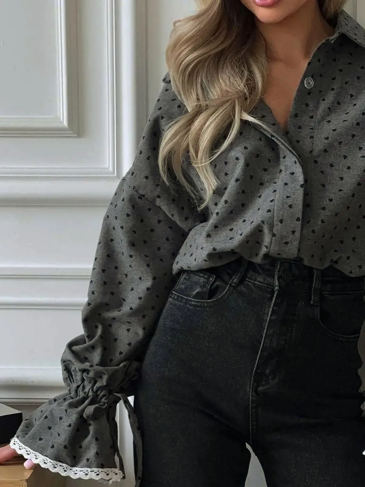 Women Heart Print Button Down Shirt sold by COMMENSE product image thumbnail 2