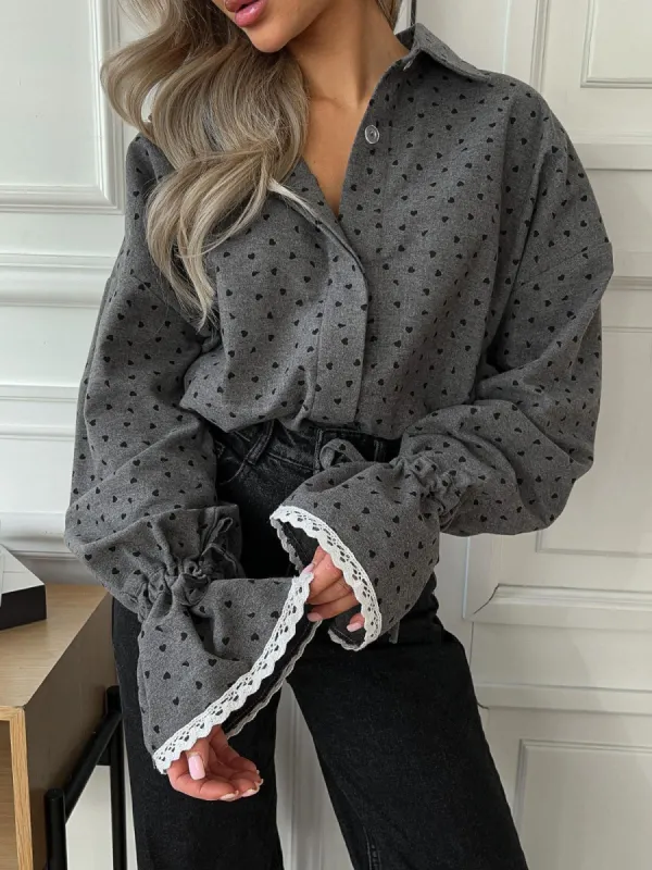 Women Heart Print Button Down Shirt sold by COMMENSE