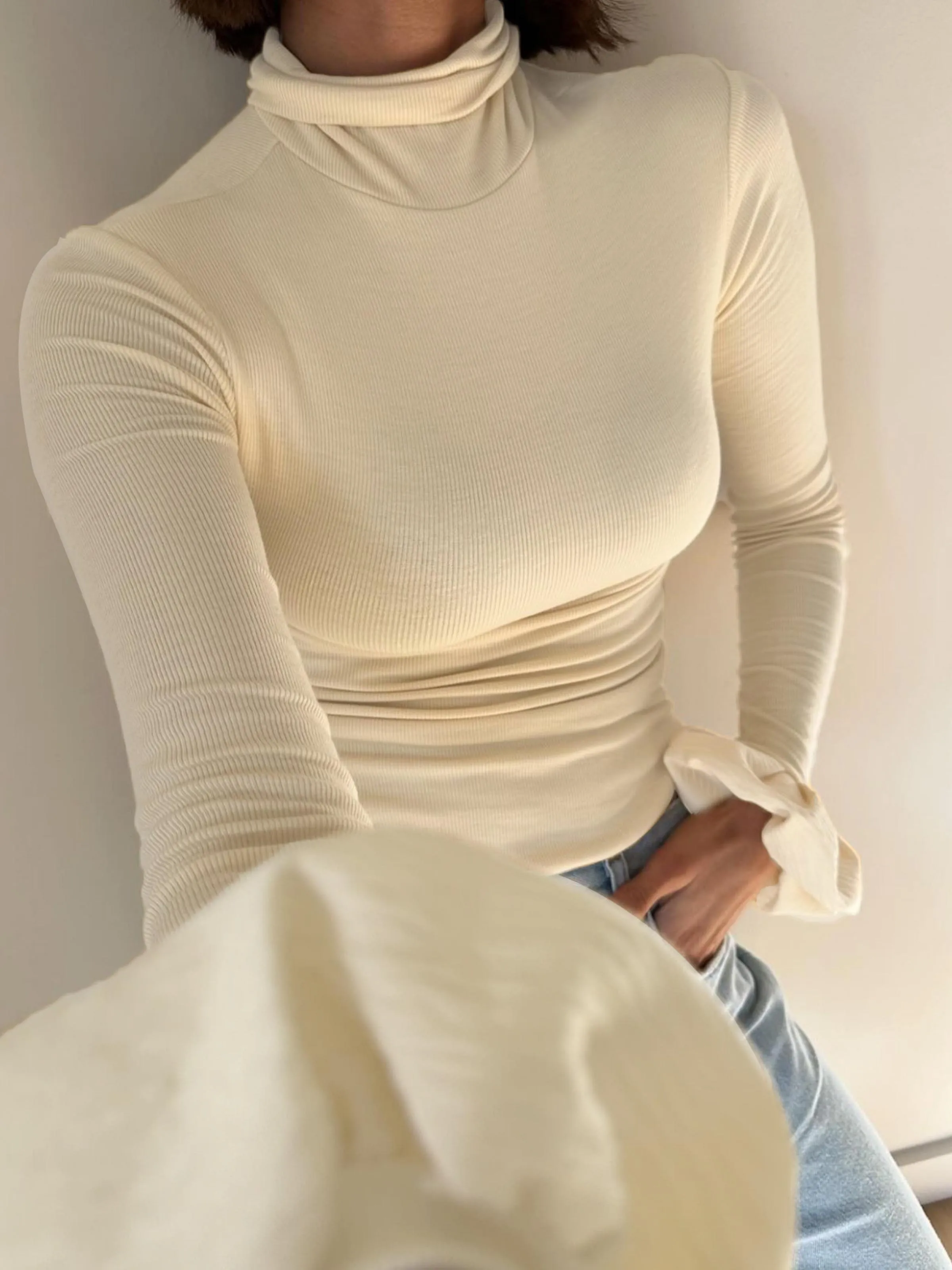 Turtleneck Ribbed Ruffle Sleeve Blouse sold by COMMENSE product image thumbnail 4