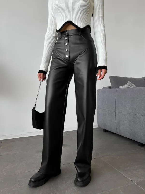 Mid-Waist Button PU Leather Pants sold by COMMENSE