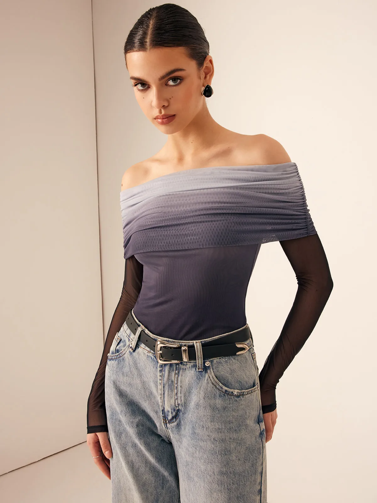 Mesh Ruched Off Shoulder Ombre Blouse sold by COMMENSE product image thumbnail 2