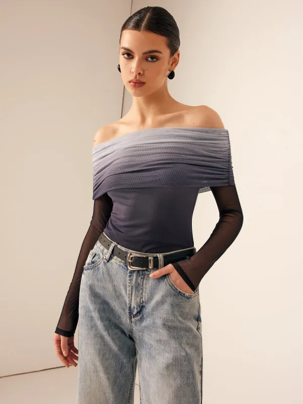 Mesh Ruched Off Shoulder Ombre Blouse sold by COMMENSE