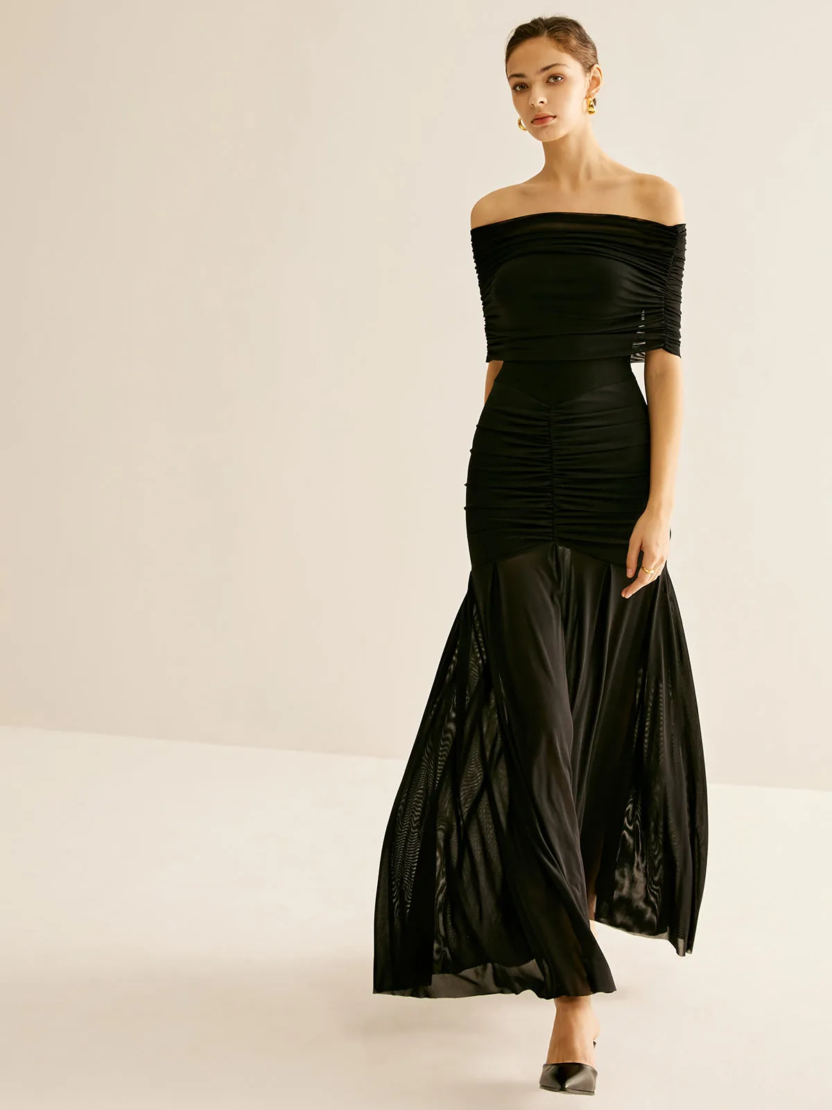 Pleated Mesh Tube Dress With Shawl sold by COMMENSE