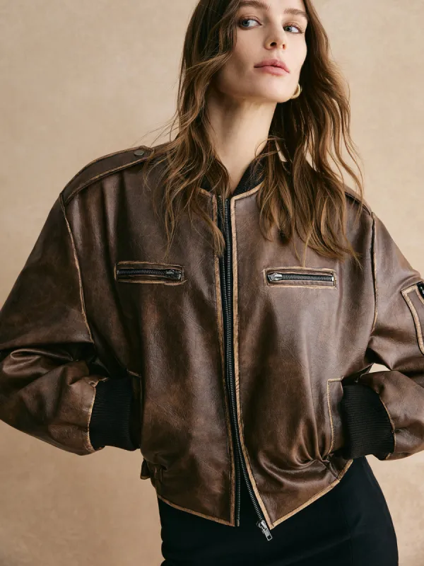 Ribbed-Cuff Zipper PU Leather Jacket sold by COMMENSE