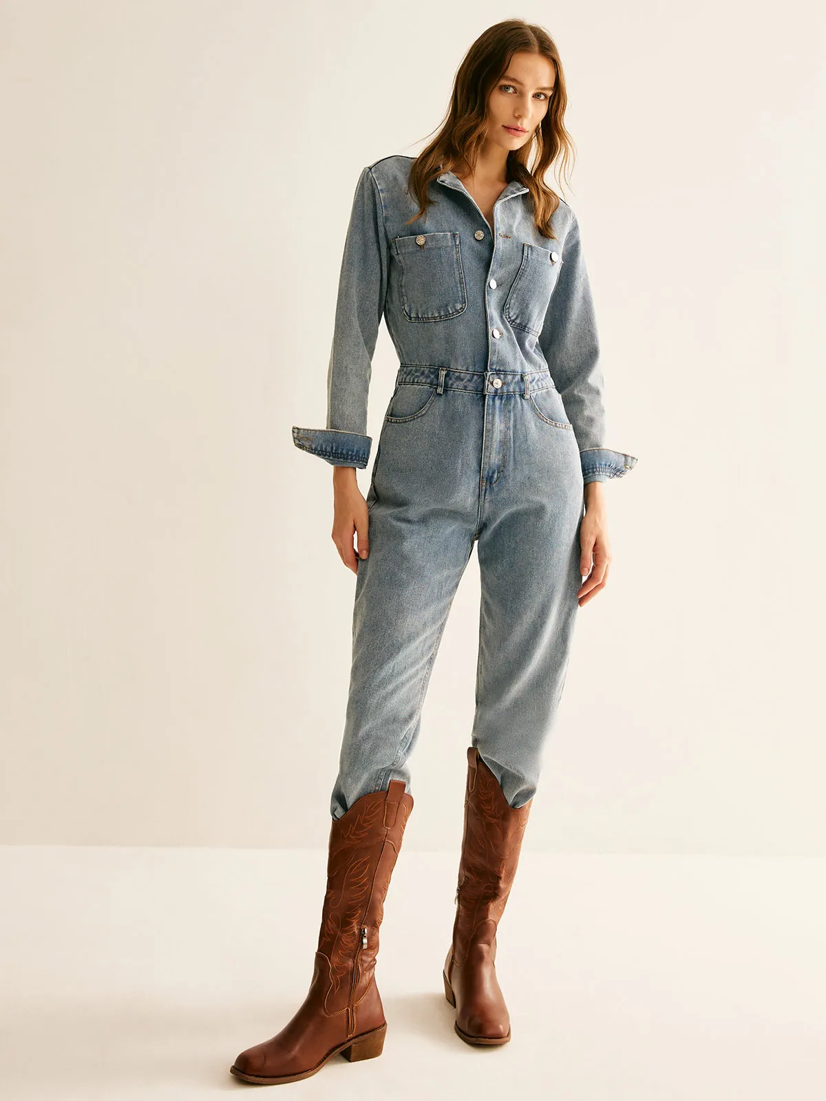 Cotton Long Sleeve Denim Jumpsuit Without Belt sold by COMMENSE product image thumbnail 5