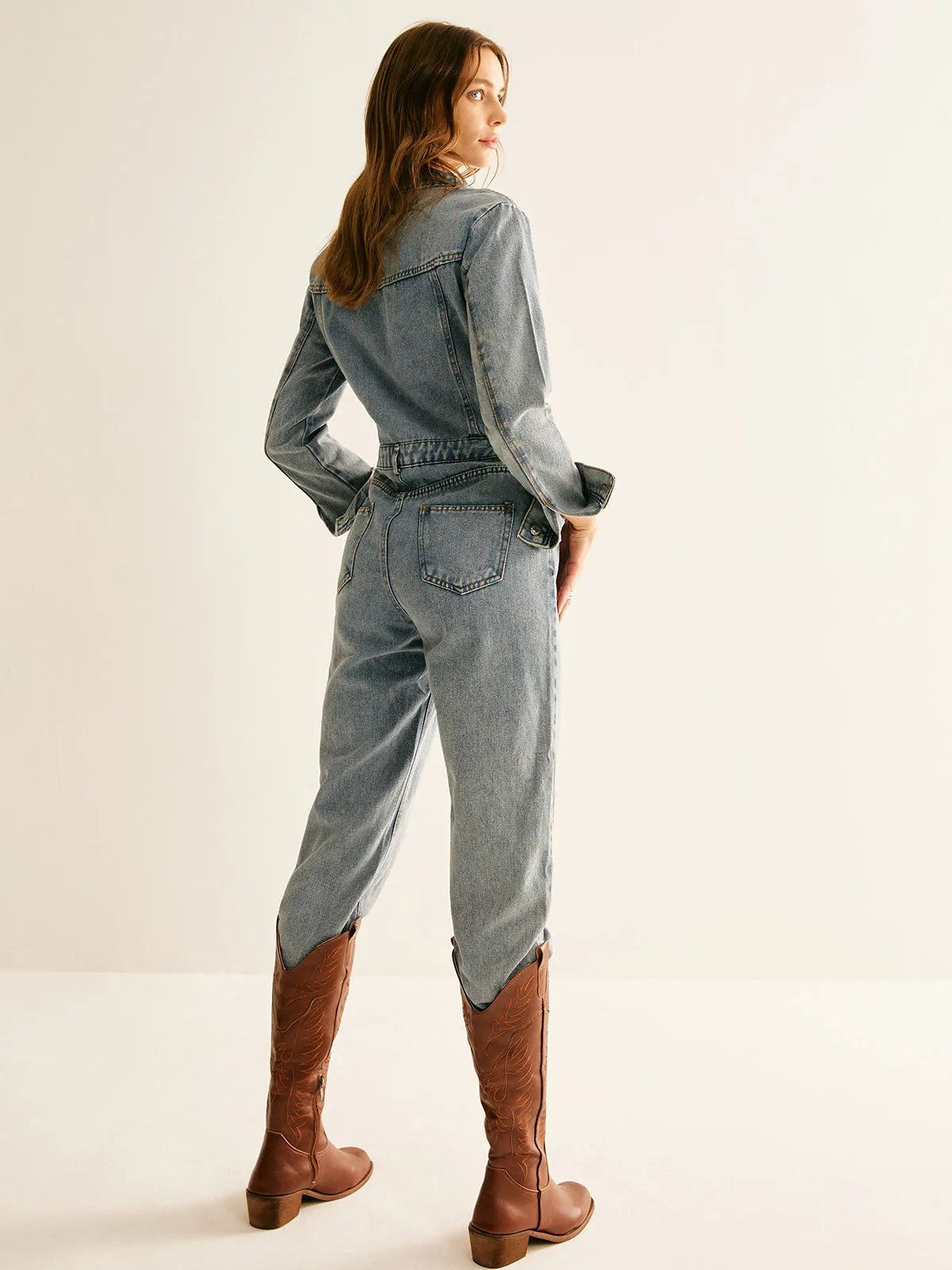 Cotton Long Sleeve Denim Jumpsuit Without Belt sold by COMMENSE product image thumbnail 3