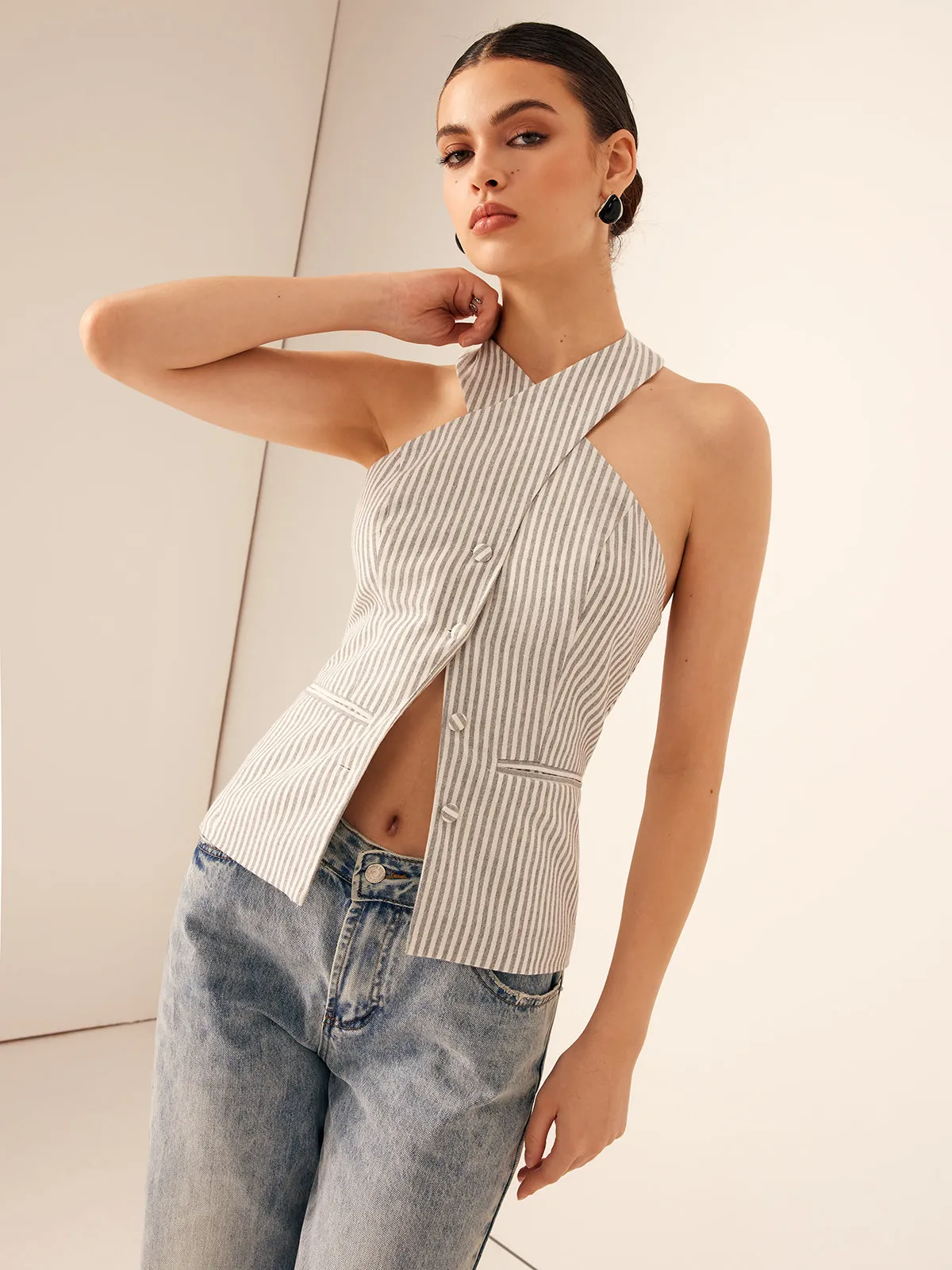 Cotton & Linen Pinstripe Slim Halter Top sold by COMMENSE product image thumbnail 4