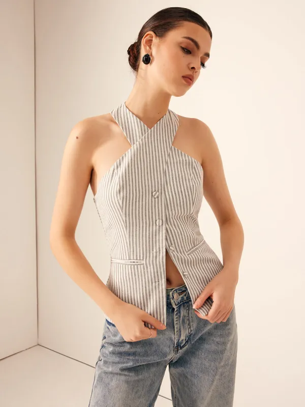 Cotton & Linen Pinstripe Slim Halter Top sold by COMMENSE