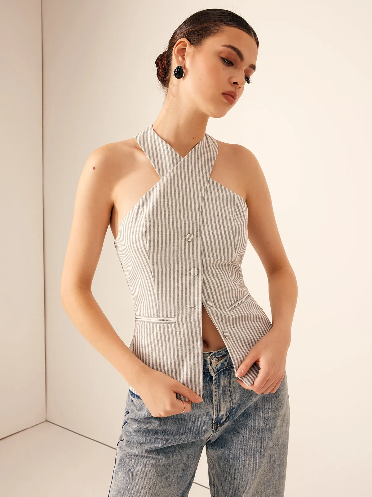 Cotton & Linen Pinstripe Slim Halter Top sold by COMMENSE