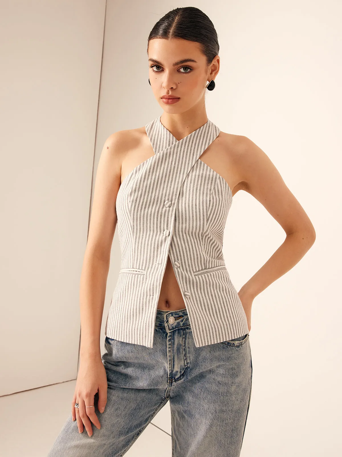 Cotton & Linen Pinstripe Slim Halter Top sold by COMMENSE product image thumbnail 3