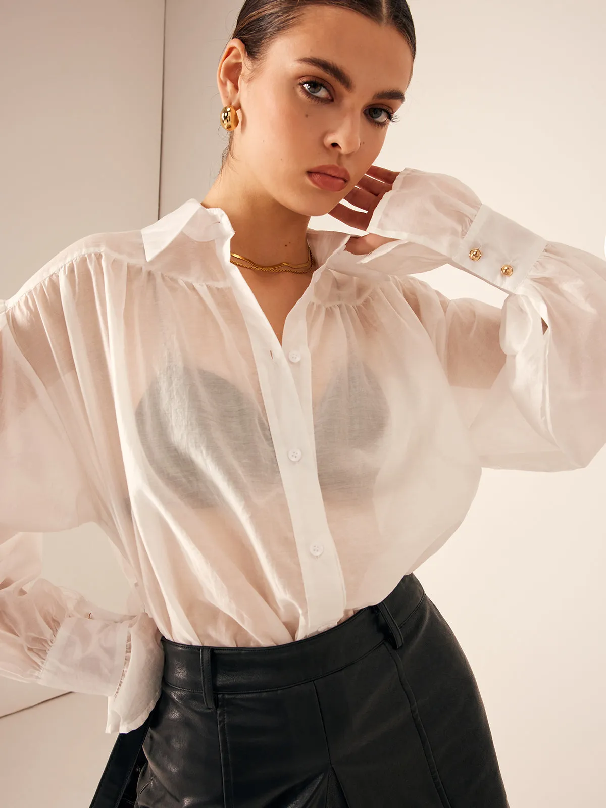 Pleated Sheer Thin Polo Shirt sold by COMMENSE product image thumbnail 5