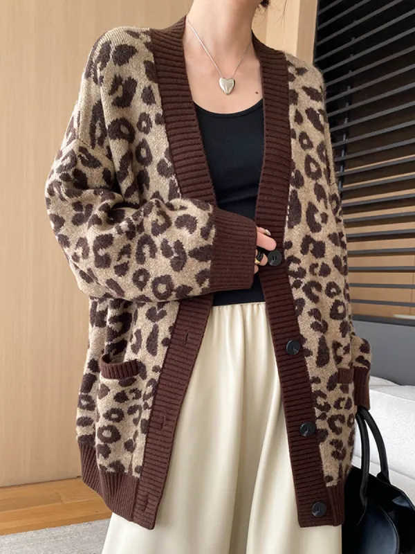 Leopard Contrast Trim Loose Cardigan sold by COMMENSE