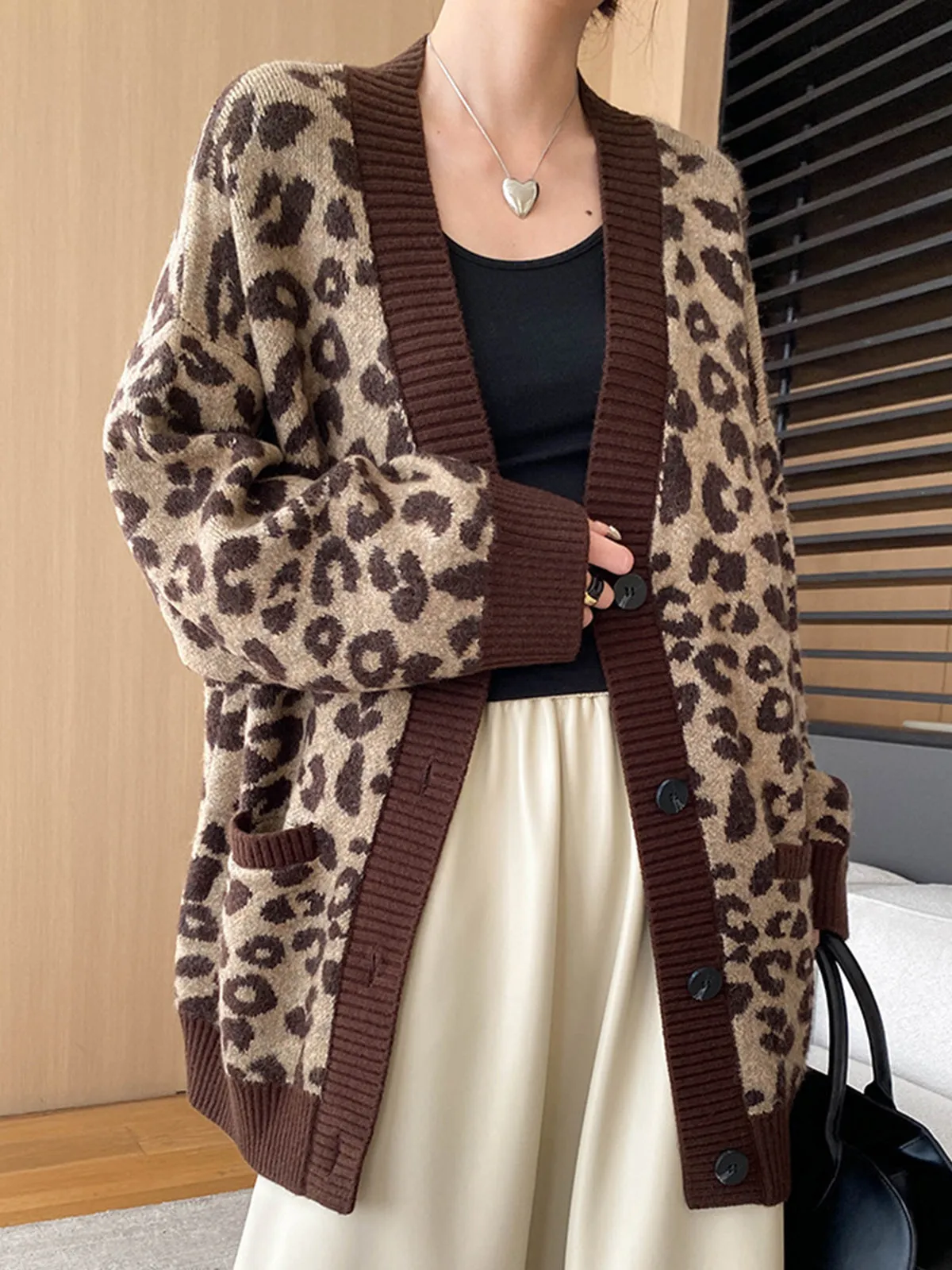 Leopard Contrast Trim Loose Cardigan sold by COMMENSE