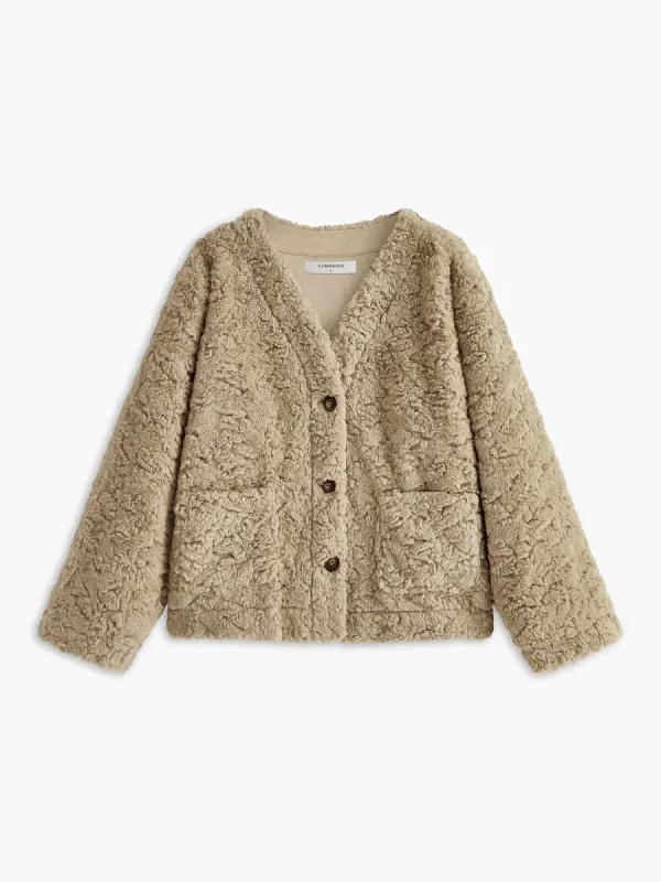 Minky V-Neck Breasted Faux Fur Coat sold by COMMENSE