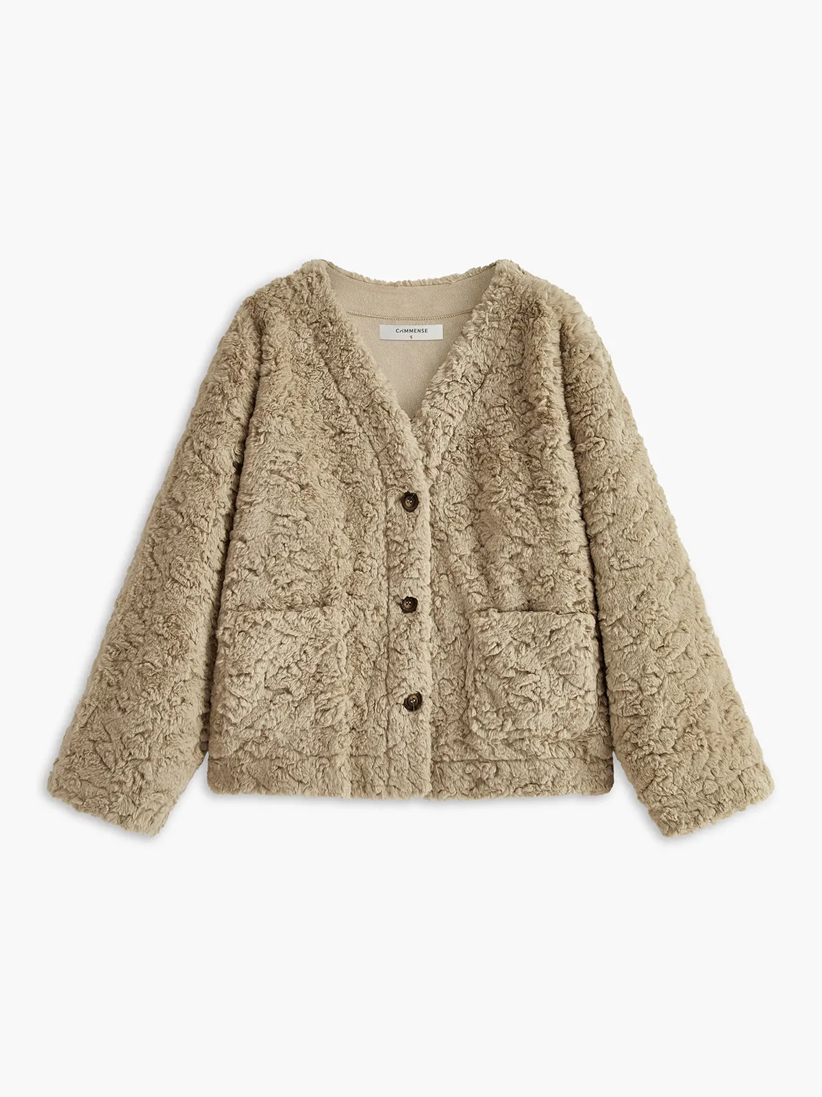 Minky V-Neck Breasted Faux Fur Coat sold by COMMENSE