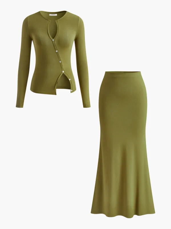 Slit Button Fishtail Skirt Set sold by COMMENSE