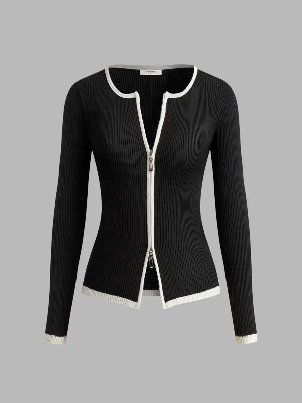 Contrast Trim Double-Zipper Knit Top sold by COMMENSE