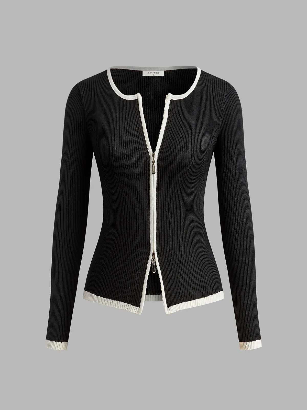 Contrast Trim Double-Zipper Knit Top sold by COMMENSE