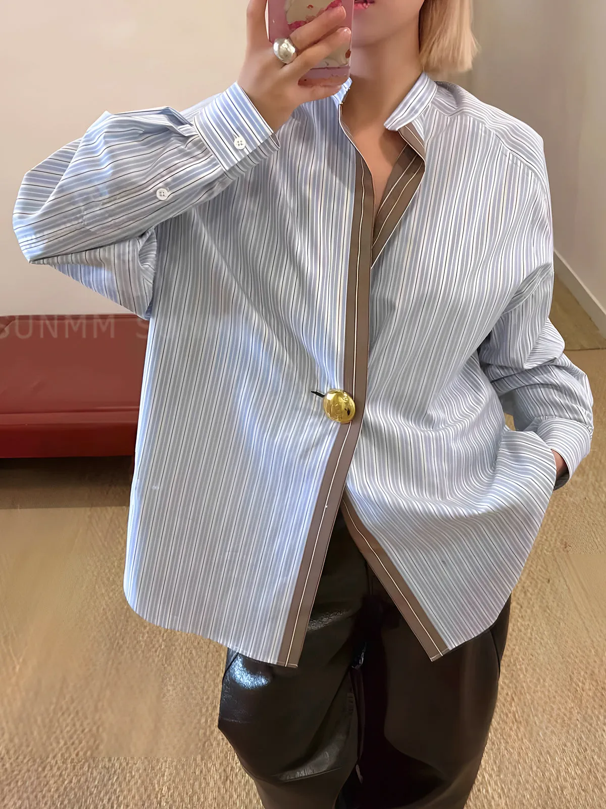 Cotton Contrast Trim Pinstripe Polo Shirt sold by COMMENSE