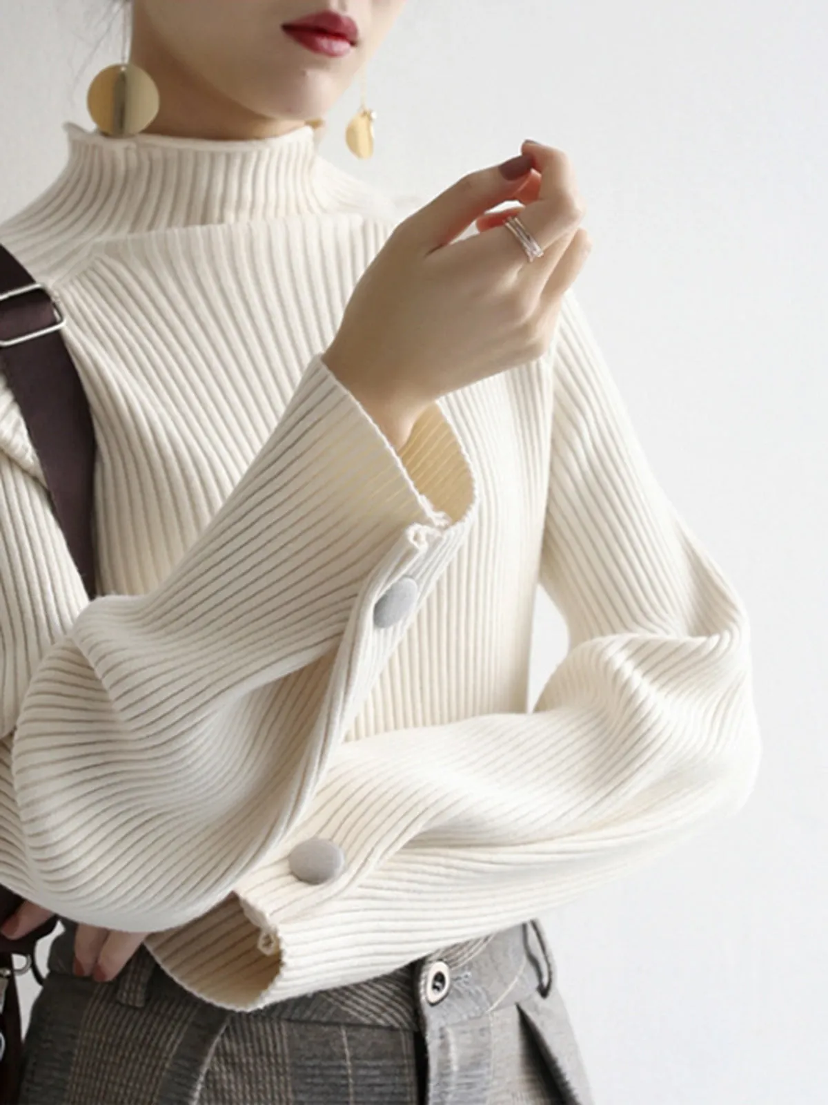 Minimalist Plain Ribbed Sweater sold by COMMENSE