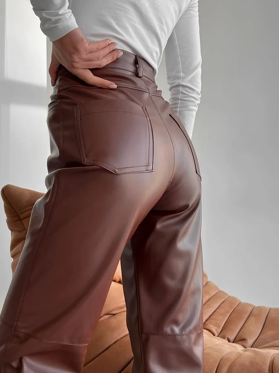 High-Waist Button PU Leather Pants sold by COMMENSE product image thumbnail 4