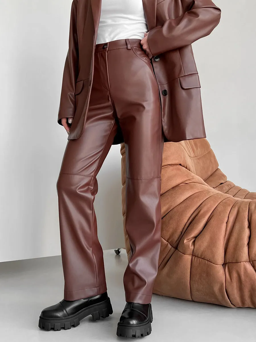 High-Waist Button PU Leather Pants sold by COMMENSE