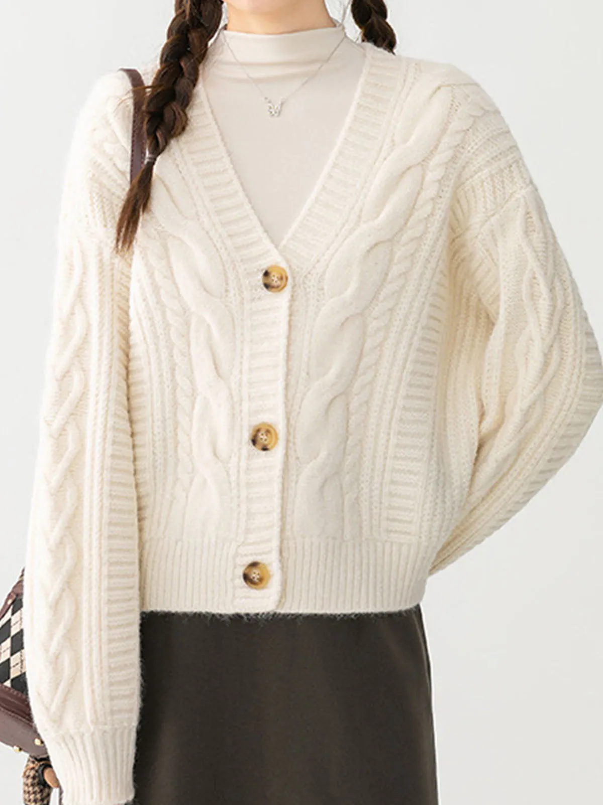 V-Neck Button Mechanism Cable Cardigan sold by COMMENSE product image thumbnail 3