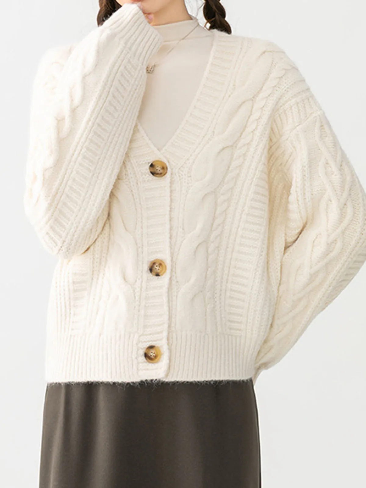 V-Neck Button Mechanism Cable Cardigan sold by COMMENSE product image thumbnail 4