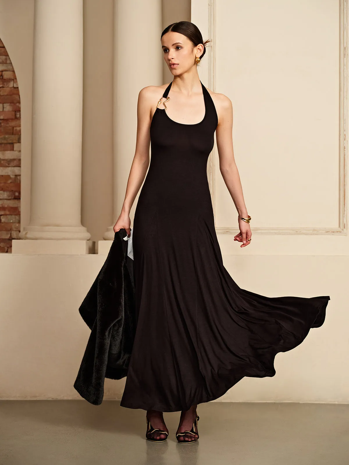 Irregular-Ring Flowy Halter Dress sold by COMMENSE