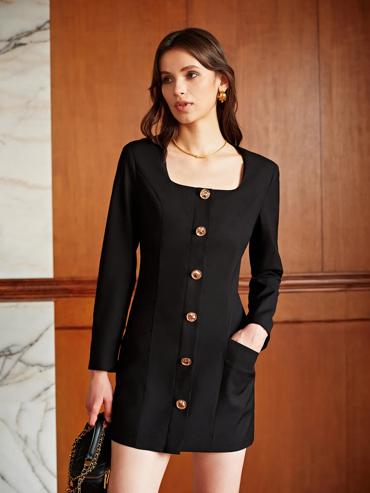 Square Neck Pockets Slim Dress sold by COMMENSE product image thumbnail 4