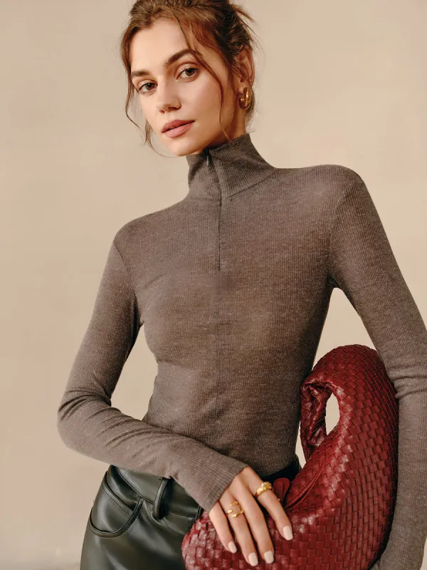 Turtleneck Ribbed Zipper Blouse sold by COMMENSE