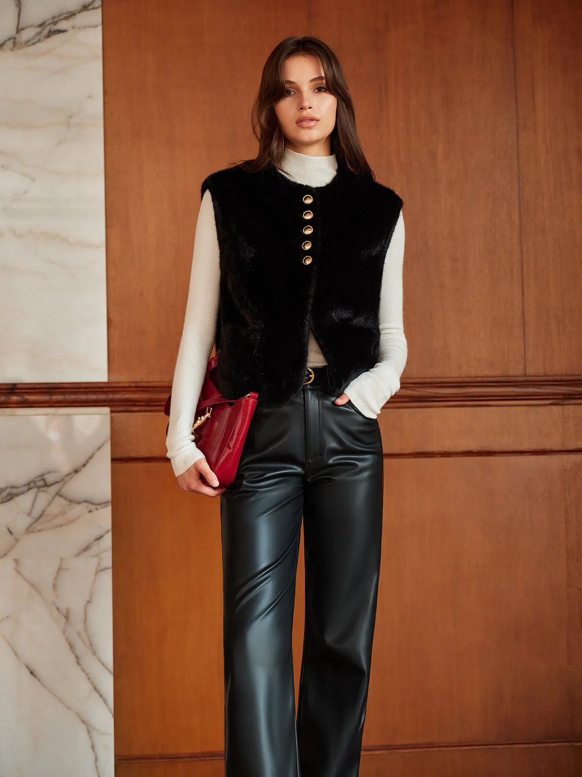 Round Neck Button Faux Fur Vest sold by COMMENSE product image thumbnail 3