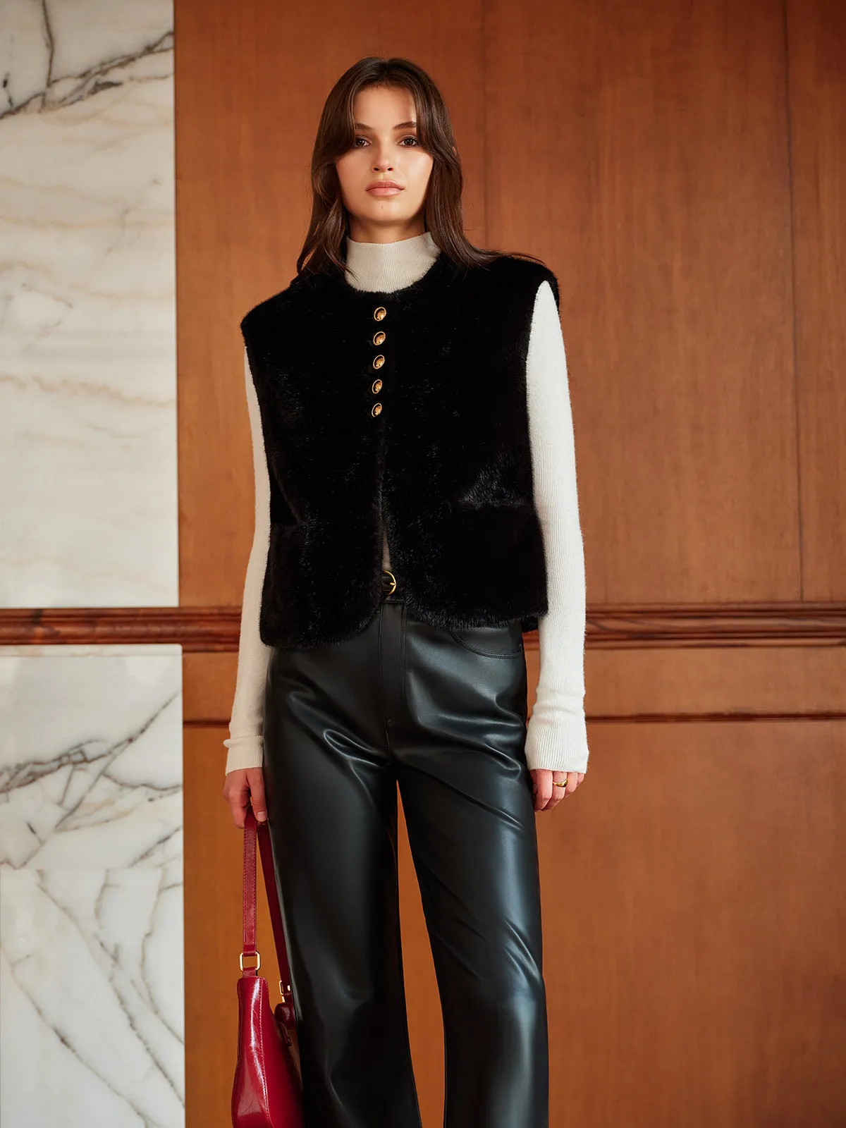 Round Neck Button Faux Fur Vest sold by COMMENSE product image thumbnail 4