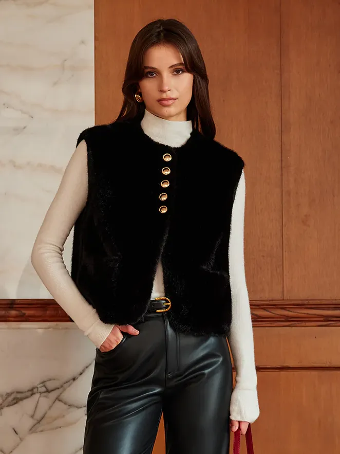 Round Neck Button Faux Fur Vest sold by COMMENSE